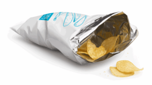 Potato chips packaged with compostable laminate 